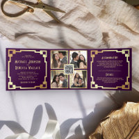 Square Art Deco Frame Purple Gold QR Code Wedding