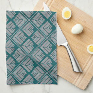 Square Art Deco Pattern in Teal and Neutral Tea Towel