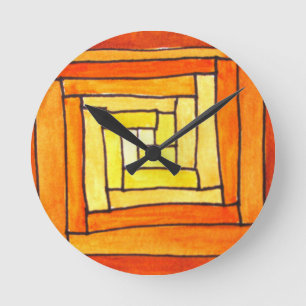 square Art Deco yellow retro pattern Round Clock