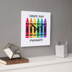 Square Art Room Clock with Colourful Crayons Centr
