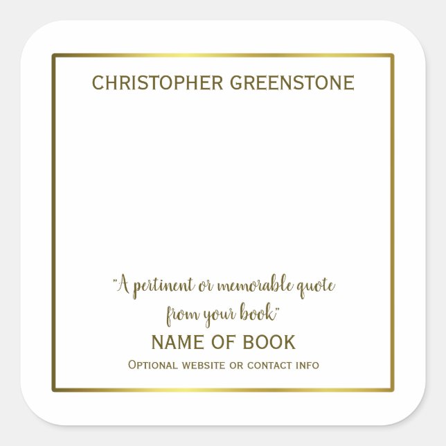 Square Author Signature Gold Bookplate Square Sticker (Front)