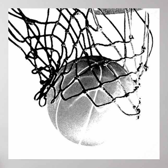 Square B&W Basketball Ball & Net Print Poster (Front)