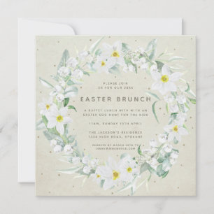 Square Beige + White Floral Wreath Easter Brunch Invitation