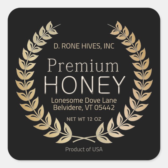 Square Black Honey Label Gold Laurel Wreath Border (Front)