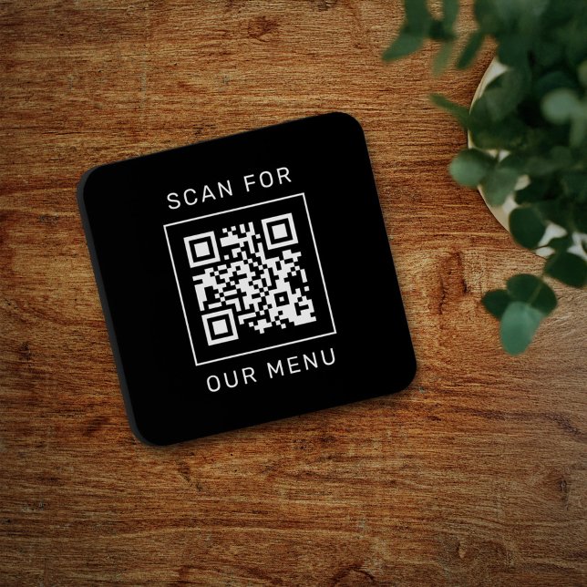 Square Black Scan For Our Menu QR Code Coaster (Creator Uploaded)