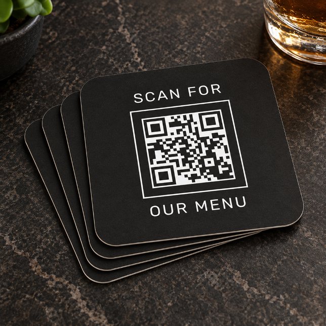 Square Black Scan For Our Menu QR Code Paper Coaster (Creator Uploaded)