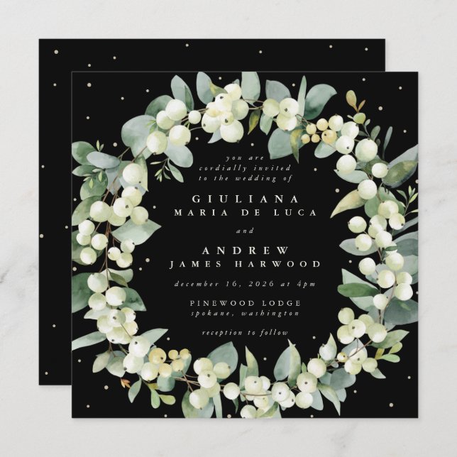 Square Black Snowberry + Eucalyptus Wreath Wedding Invitation (Front/Back)