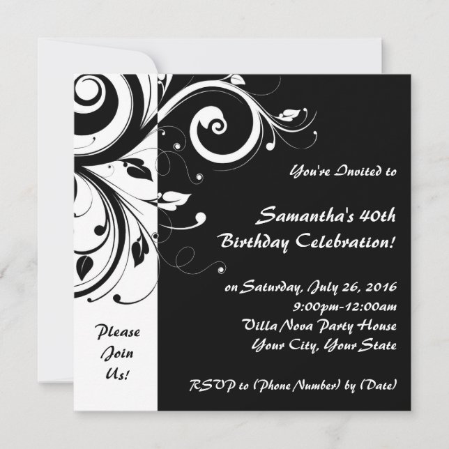Square Black+White Reverse Swirl Party Invitations (Front)