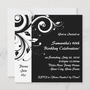 Square Black+White Reverse Swirl Party Invitations