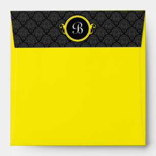 Square Black Yellow Damask Flap Monogram Envelopes