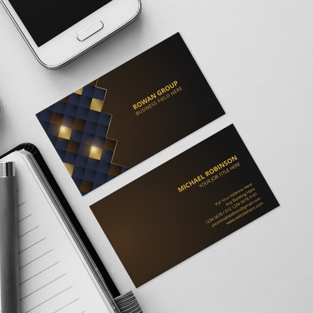 Square Blue Brown Gold Pattern | Luxury Business Card (Creator Uploaded)