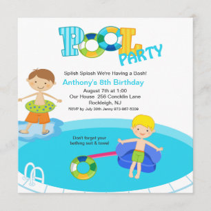 Square Blue Pool Party Boys Birthday Invitation