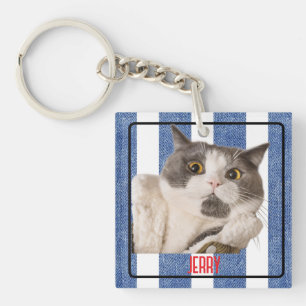 Square Blue Red White Nautical Stripes Pet Acrylic Key Ring