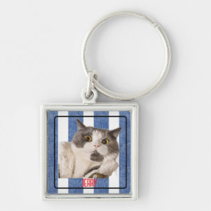 Square Blue Red White Nautical Stripes Pet Metal Key Ring