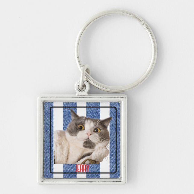 Square Blue Red White Nautical Stripes Pet Metal Key Ring (Front)