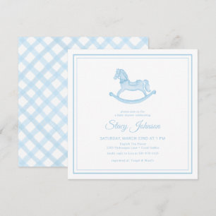 Square Blue Rocking Horse Boy Baby Shower Invite