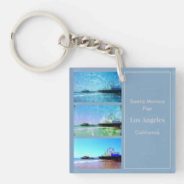 Square Blue Santa Monica Pier Collage Key Ring (Front)