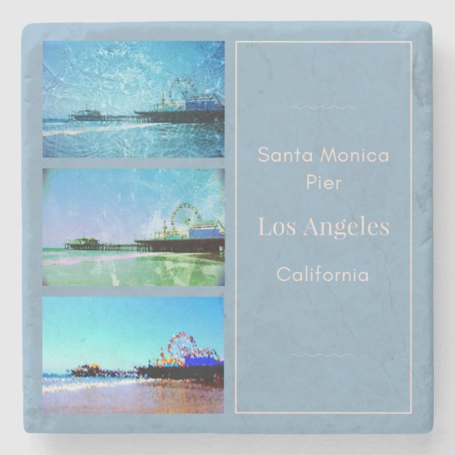 Square Blue Santa Monica Pier Collage Stone Coaster (Front)