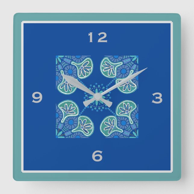 Square Blue Tile Pattern Wall clock (Front)