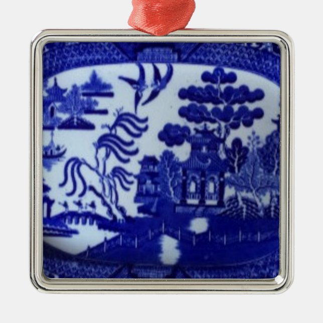 Square Blue Willow Ornament Lights Up Your Tree (Front)