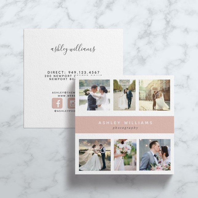 Square Blush Pink Photo Collage Photographer Square Business Card (Creator Uploaded)