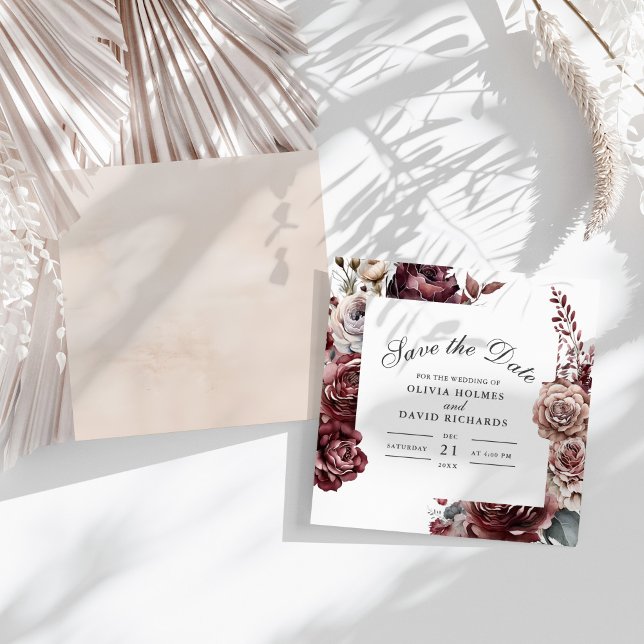 Square Boho Floral Save the Date Card – Beige Back (Square Boho Floral Save the Date Card – Beige Back on a sunny table with white dry botanicals)