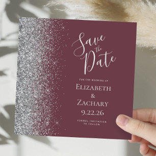 Square Burgundy Silver Glitter Save the Date Announcement