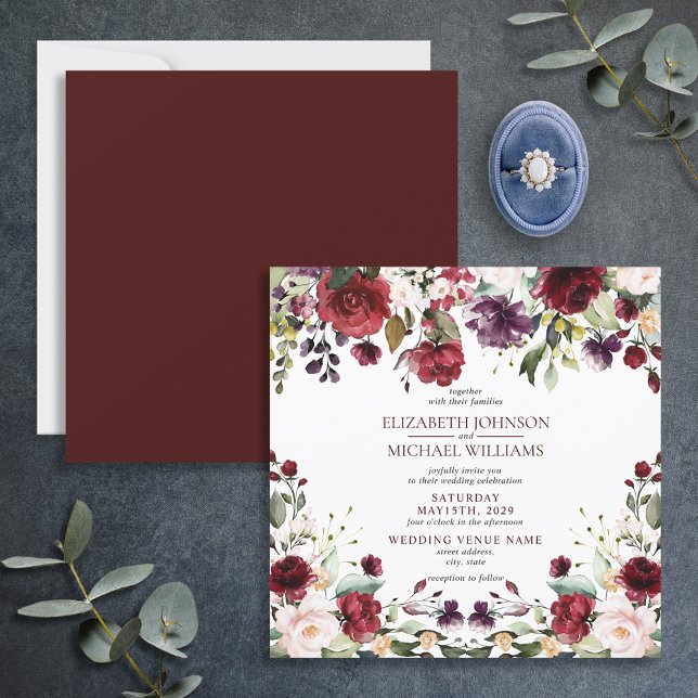 Square Burgundy Watercolor Floral Drop Invitation (Creator Uploaded)