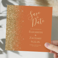 Square Burnt Orange Gold Glitter Save the Date