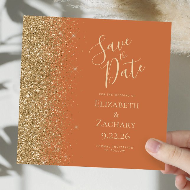 Square Burnt Orange Gold Glitter Save the Date Announcement (Creator Uploaded)