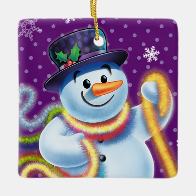 Square Christmas tree decoration Snowman & tinsel. (Front)