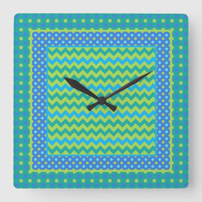 Square Clock: Mix'n'Match Chevrons and Polka Dots Wall Clock (Front)