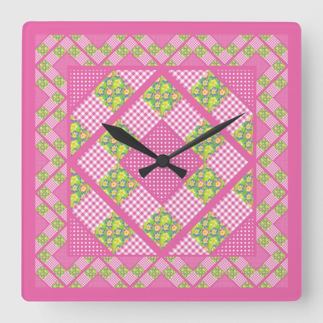 Square Clock: Pink: Primroses, Polka Dots, Gingham Wall Clock (Front)