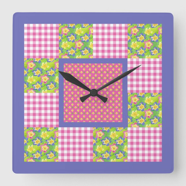 Square Clock: Pink: Primroses, Polka Dots, Gingham Wall Clock (Front)