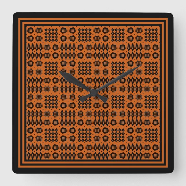 Square Clock: Welsh Tapestry Pattern: Terracotta Square Wall Clock (Front)