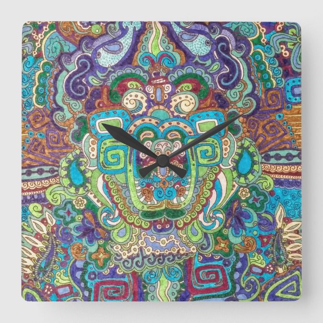 square clock with funky design in cool colours (Front)