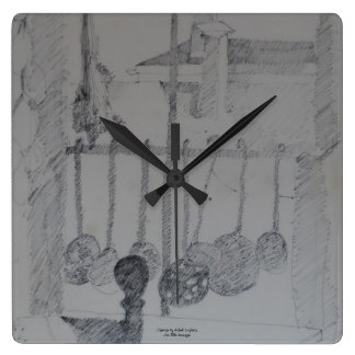 Square clock with kitchen ladles and utensils.
