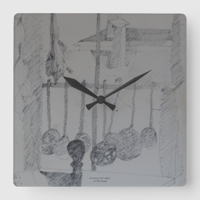 Square clock with kitchen ladles and utensils. (Front)