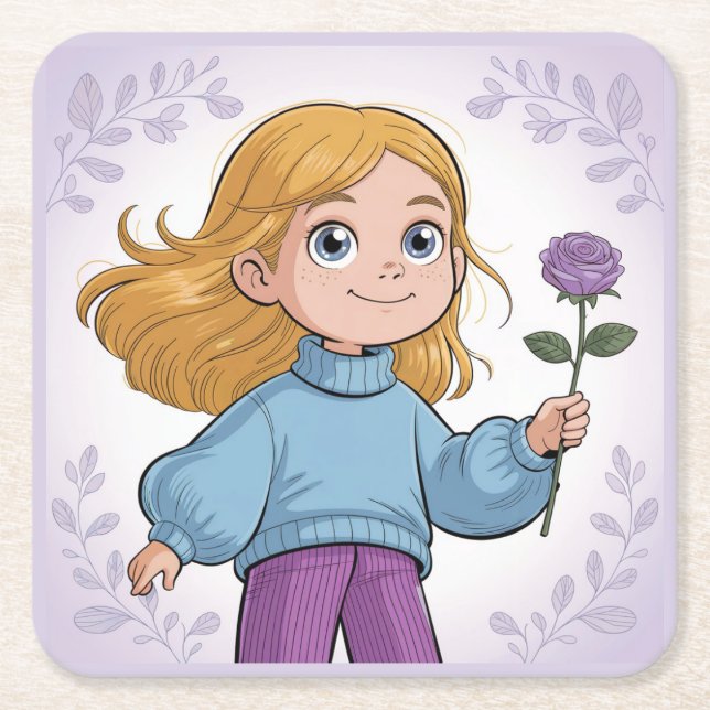 Square Comic Girl Lavender Coaster Set (Front)
