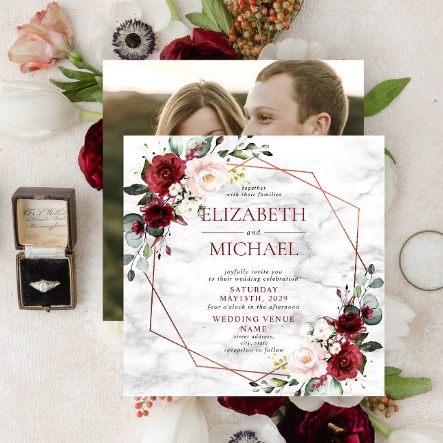 Square Copper Geometric Marble Burgundy Photo Invitation (Creator Uploaded)