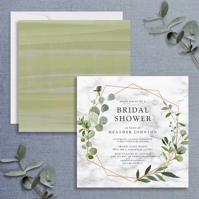 Square Copper Geometric Marble Eucalyptus Shower Invitation (Creator Uploaded)