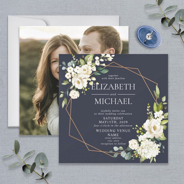 Square Copper Geometric Navy Blue Floral Photo Invitation (Creator Uploaded)
