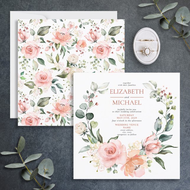 Square Copper Peach Pink Floral Wreath Wedding Invitation (Creator Uploaded)