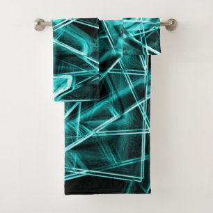 Square corners and cyan or sky blue "neon" spots bath towel set