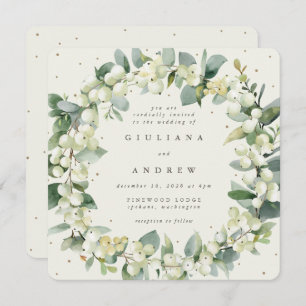 Square Cream Snowberry+Eucalyptus Wreath Wedding Invitation