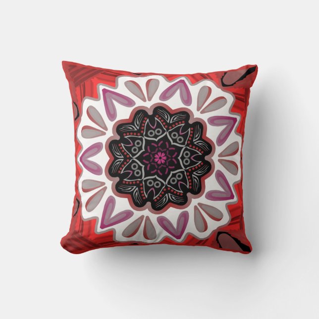 Square cushion Jimette red and black Mandala (Front)