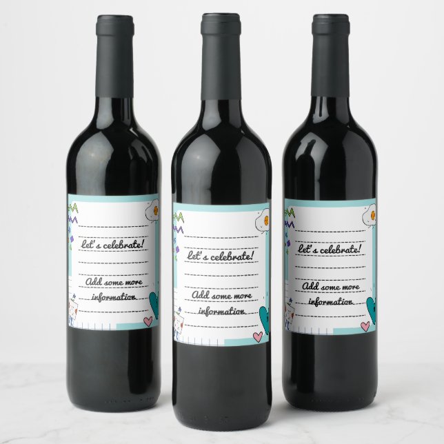 Square Cute Doodle Cartoon Memo Notes Wine Label (Bottles)