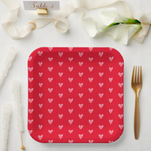 Square Cute Pale Watercolor Hearts Pattern on Red Paper Plate