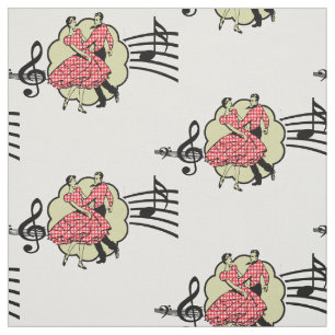 Square Dance Couple Red Check Dress Music Symbols Fabric
