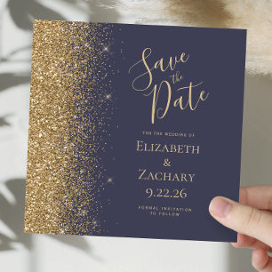 Square Dark Blue Gold Glitter Save the Date Announcement